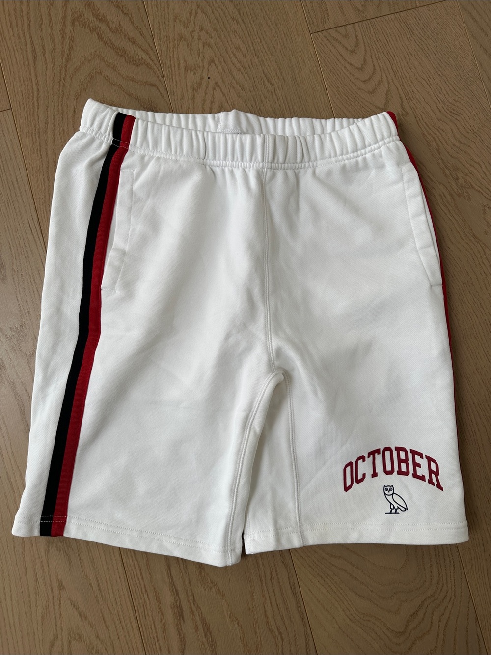 OVO White Athletic Shorts with Red & Black Side Stripes - brand new, never worn!